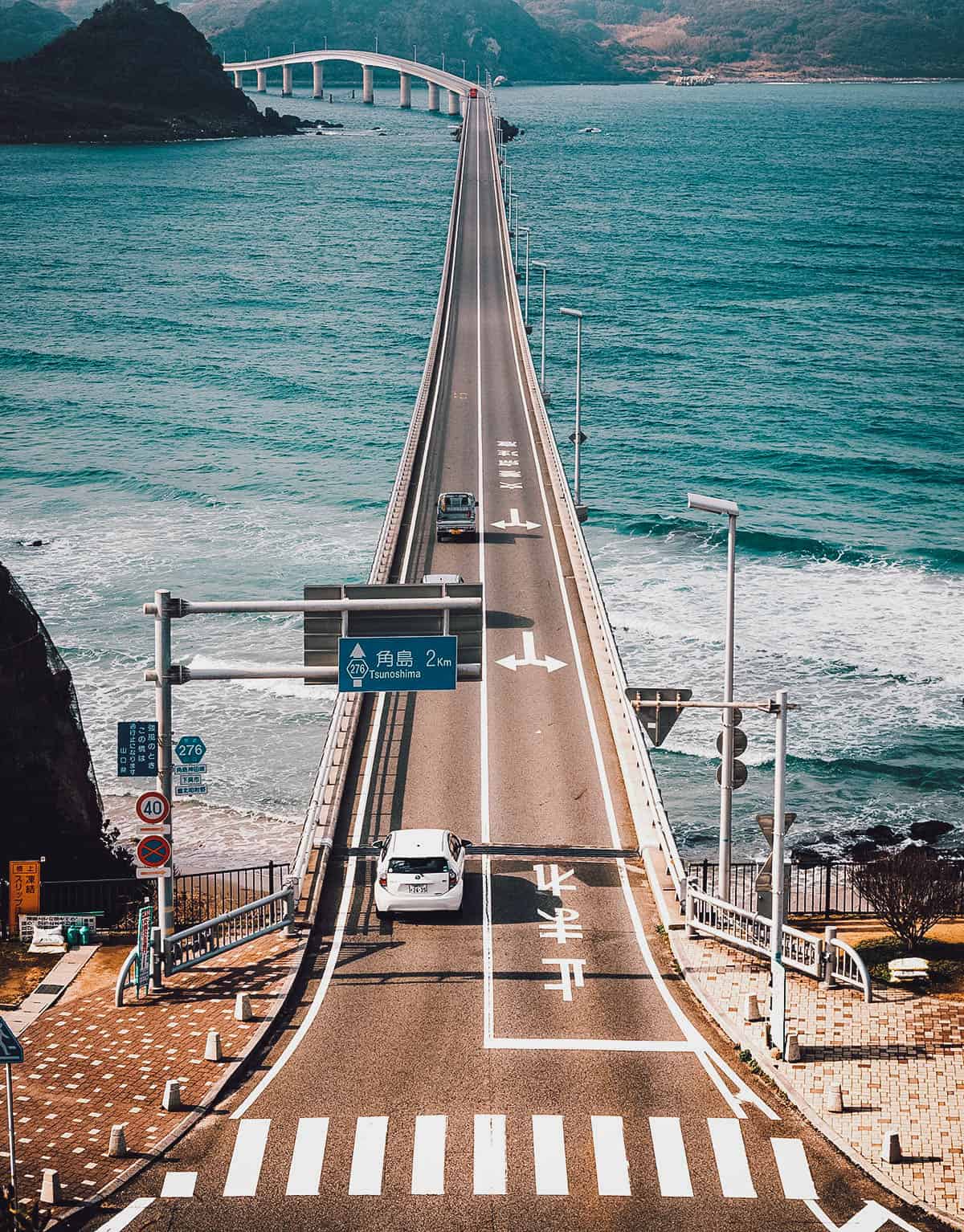 Driving along Tsunoshima Bridge