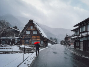 Tourist with red umbrells exploring Ogimachi Village