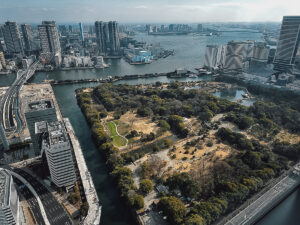 View of Hamarikyu Gardens from Caretta Shiodome Sky View