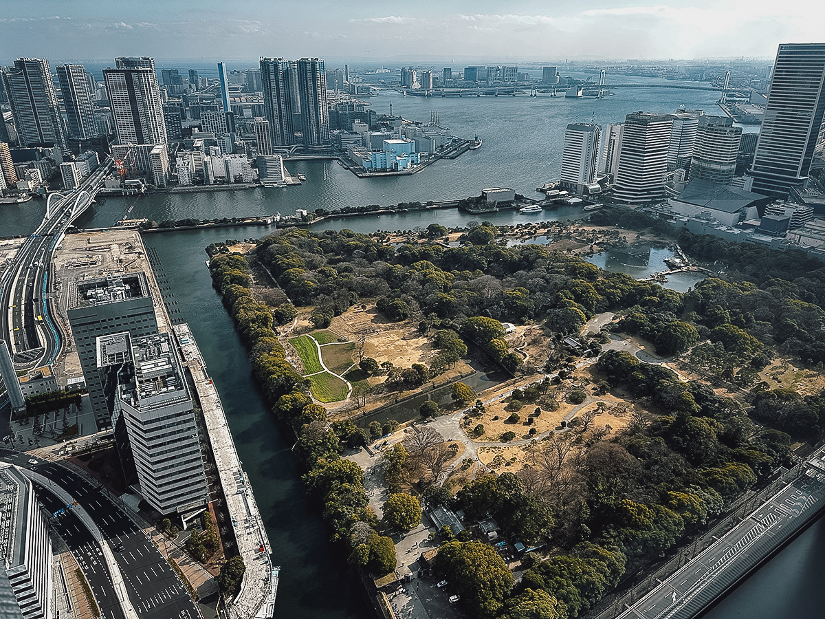 View of Hamarikyu Gardens from Caretta Shiodome Sky View