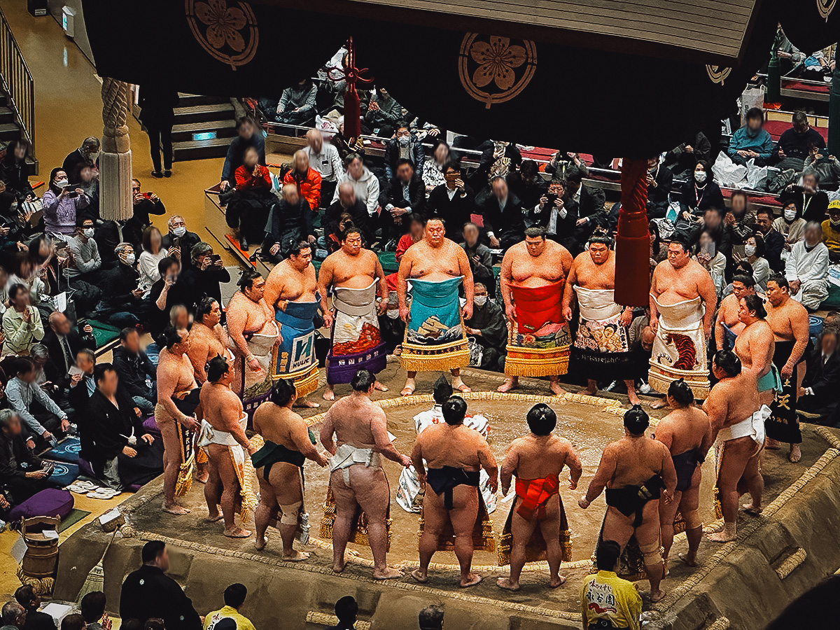 Sumo wrestlers in the ring at the grand tournament