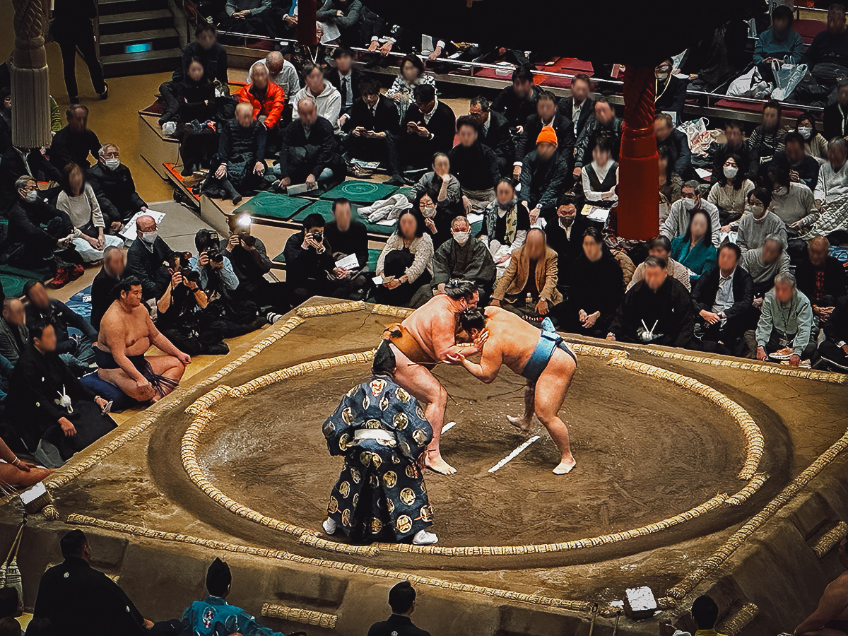 Sumo wrestlers grappling