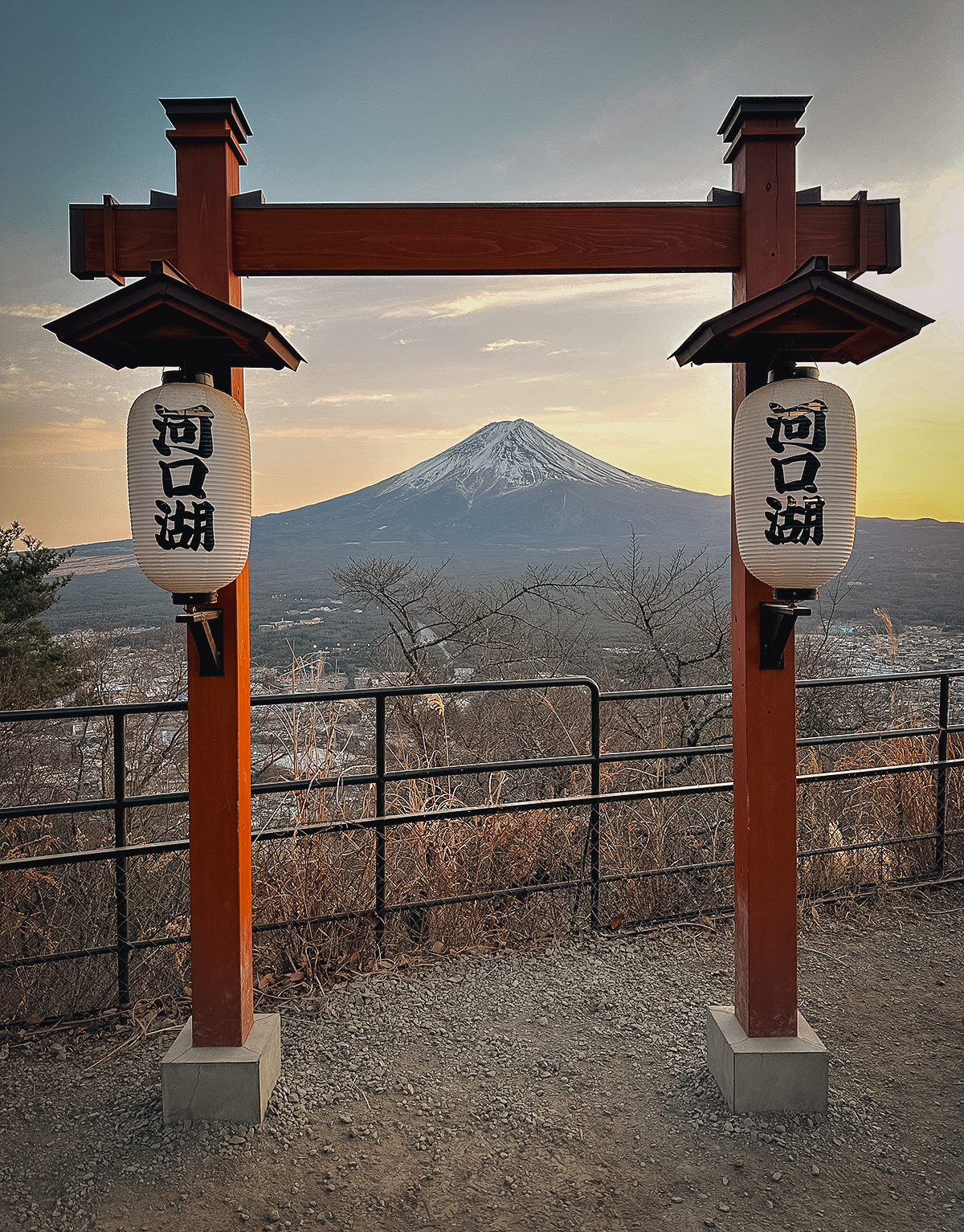 Torii gate with a view of Mt Fuji